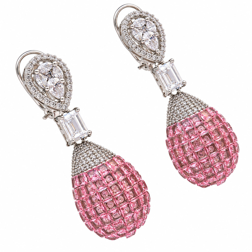 Silver Plated Pink and Green Stone with White AD Studded Designer Ball Drop Earrings for Women & Girls, Party Wear Fashion Jewellery BIE1083