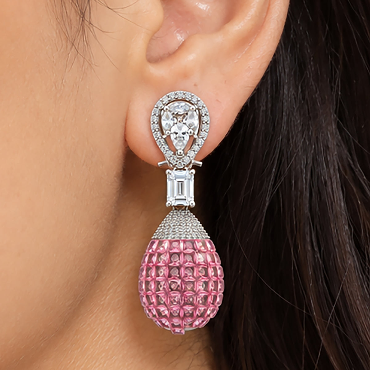 Silver Plated Pink and Green Stone with White AD Studded Designer Ball Drop Earrings for Women & Girls, Party Wear Fashion Jewellery BIE1083