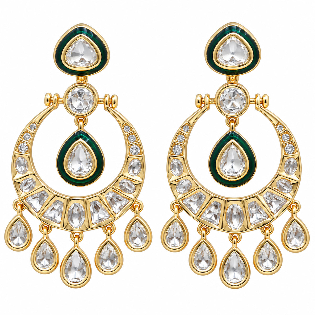 Gold Plated Green Meenakari Kundan Polki Stone Studded Chandbali Drop Earrings for Women & Girls, Traditional Wedding & Party Wear Jewellery BIE1084