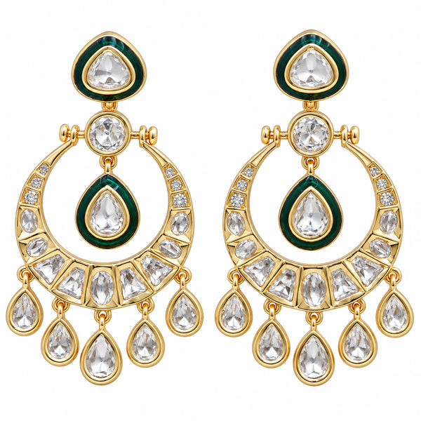 Gold Plated Green Meenakari Kundan Polki Stone Studded Chandbali Drop Earrings for Women & Girls, Traditional Wedding & Party Wear Jewellery BIE1084
