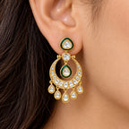 Gold Plated Green Meenakari Kundan Polki Stone Studded Chandbali Drop Earrings for Women & Girls, Traditional Wedding & Party Wear Jewellery BIE1084