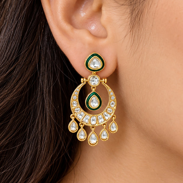 Gold Plated Green Meenakari Kundan Polki Stone Studded Chandbali Drop Earrings for Women & Girls, Traditional Wedding & Party Wear Jewellery BIE1084