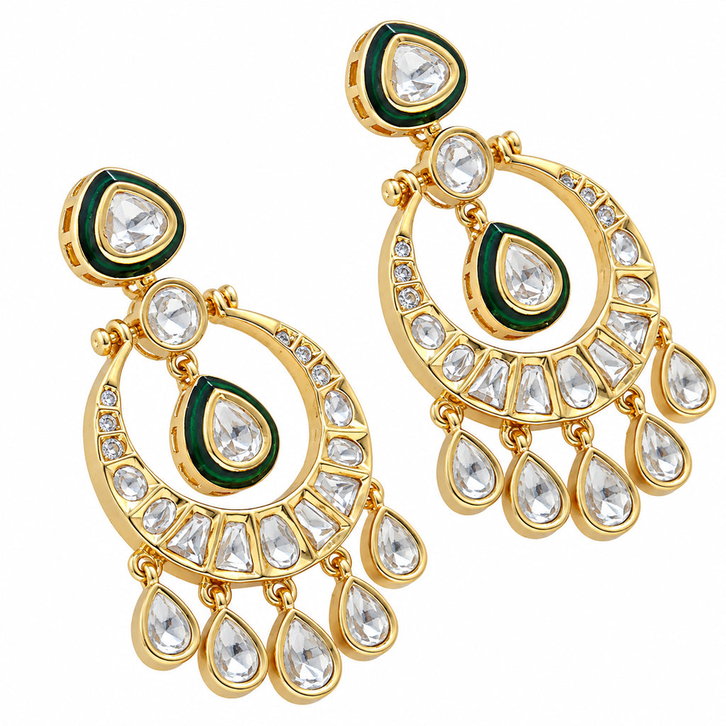 Gold Plated Green Meenakari Kundan Polki Stone Studded Chandbali Drop Earrings for Women & Girls, Traditional Wedding & Party Wear Jewellery BIE1084