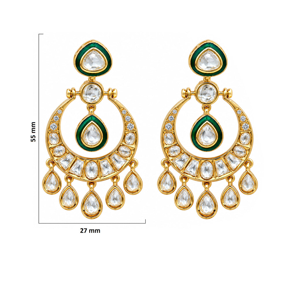 Gold Plated Green Meenakari Kundan Polki Stone Studded Chandbali Drop Earrings for Women & Girls, Traditional Wedding & Party Wear Jewellery BIE1084
