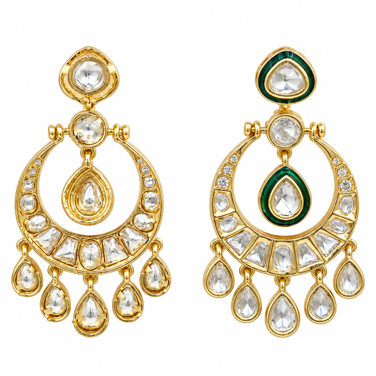 Gold Plated Green Meenakari Kundan Polki Stone Studded Chandbali Drop Earrings for Women & Girls, Traditional Wedding & Party Wear Jewellery BIE1084