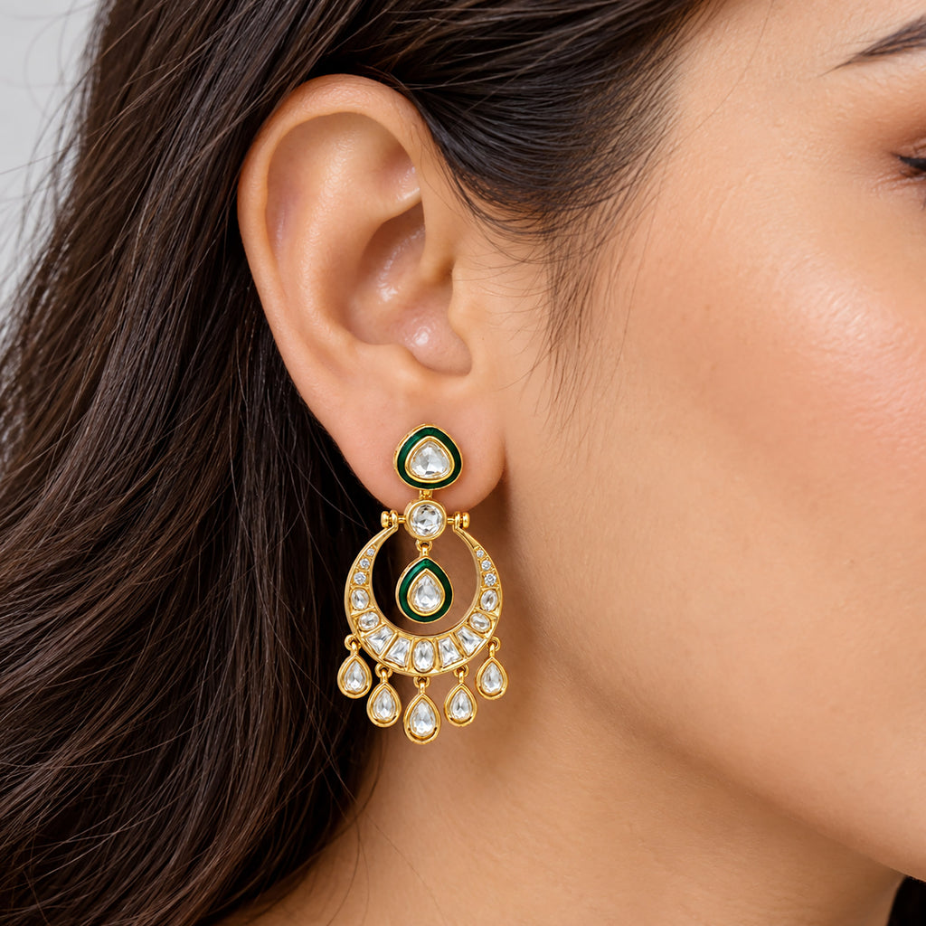 Gold Plated Green Meenakari Kundan Polki Stone Studded Chandbali Drop Earrings for Women & Girls, Traditional Wedding & Party Wear Jewellery BIE1084