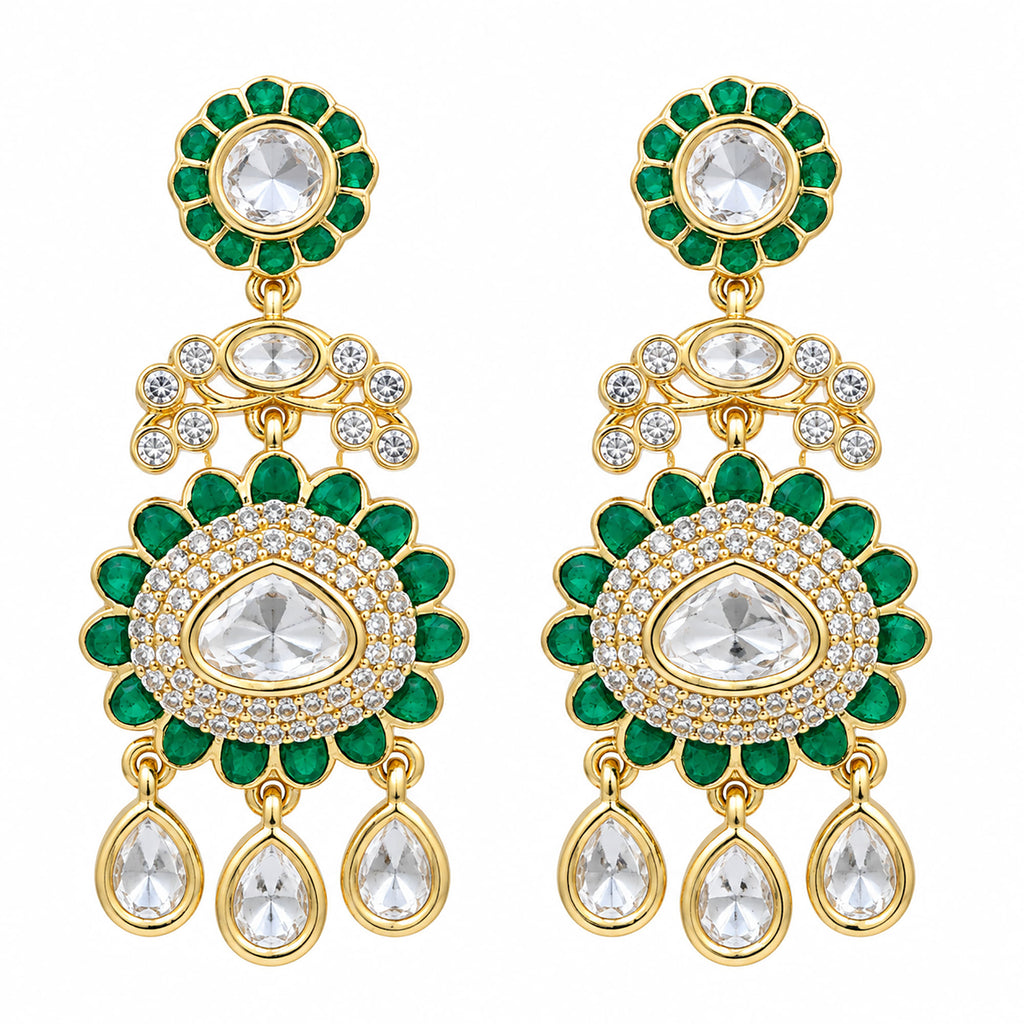Gold Plated Emerald Green & Ruby Pink with White Stone Studded Kundan Style Floral Chandbali Dangler Earrings for Women & Girls Traditional Wedding & Party Wear Jewellery BIE1085