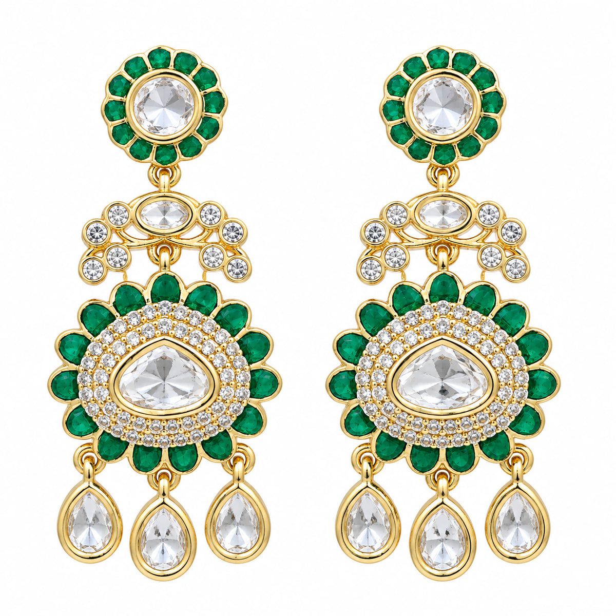 Gold Plated Emerald Green & Ruby Pink with White Stone Studded Kundan Style Floral Chandbali Dangler Earrings for Women & Girls Traditional Wedding & Party Wear Jewellery BIE1085