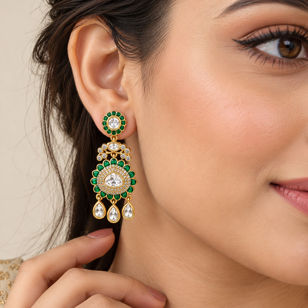 Gold Plated Emerald Green & Ruby Pink with White Stone Studded Kundan Style Floral Chandbali Dangler Earrings for Women & Girls Traditional Wedding & Party Wear Jewellery BIE1085