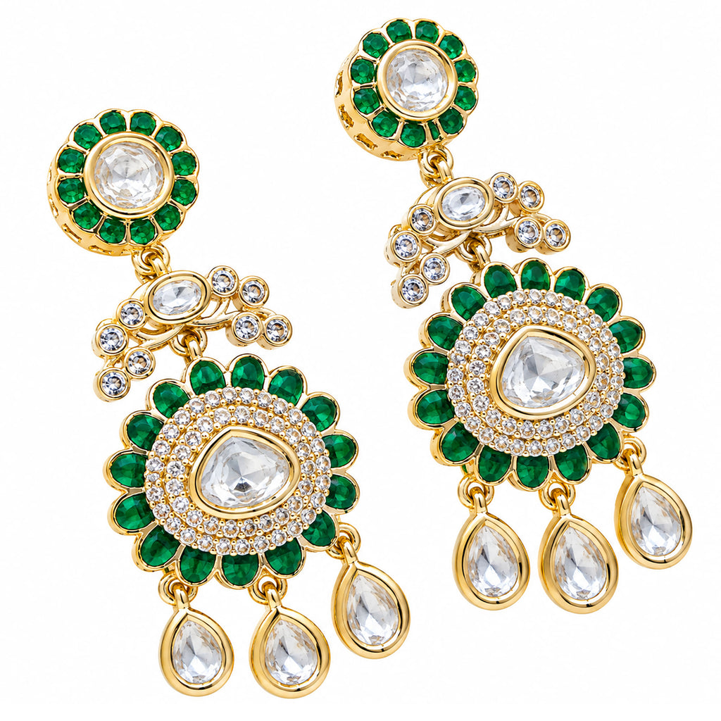 Gold Plated Emerald Green & Ruby Pink with White Stone Studded Kundan Style Floral Chandbali Dangler Earrings for Women & Girls Traditional Wedding & Party Wear Jewellery BIE1085