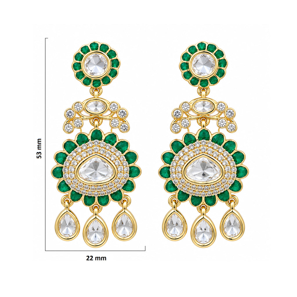 Gold Plated Emerald Green & Ruby Pink with White Stone Studded Kundan Style Floral Chandbali Dangler Earrings for Women & Girls Traditional Wedding & Party Wear Jewellery BIE1085