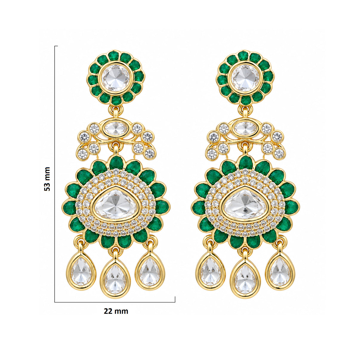 Gold Plated Emerald Green & Ruby Pink with White Stone Studded Kundan Style Floral Chandbali Dangler Earrings for Women & Girls Traditional Wedding & Party Wear Jewellery BIE1085