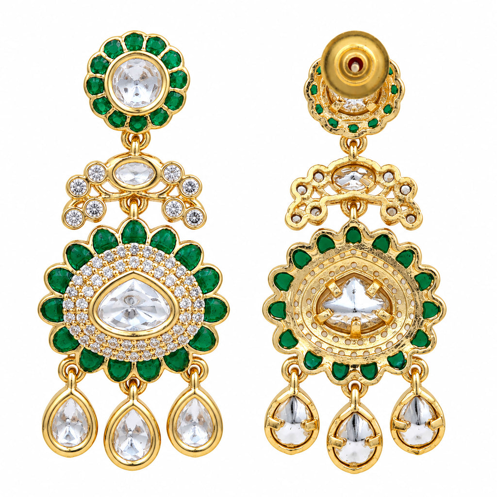 Gold Plated Emerald Green & Ruby Pink with White Stone Studded Kundan Style Floral Chandbali Dangler Earrings for Women & Girls Traditional Wedding & Party Wear Jewellery BIE1085