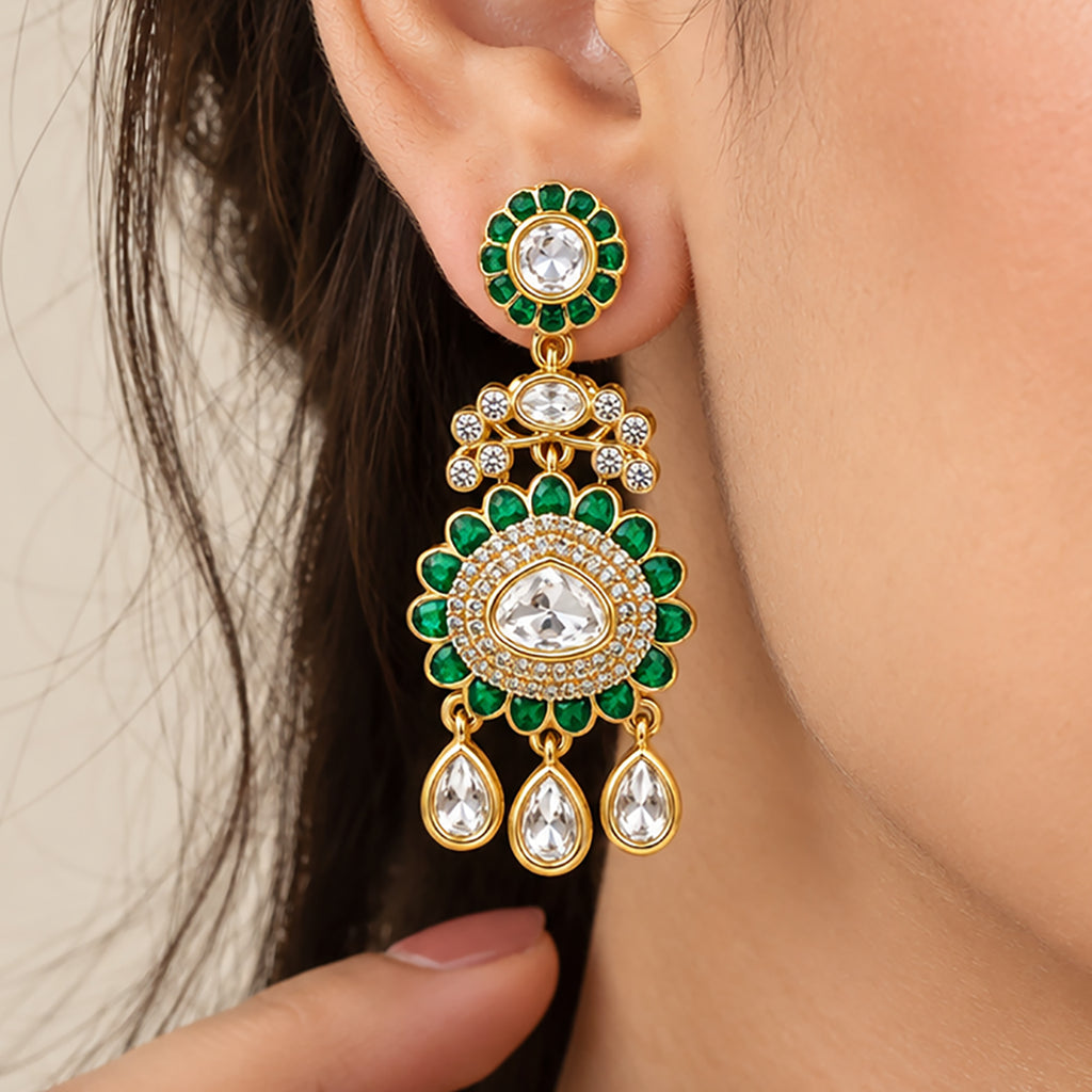 Gold Plated Emerald Green & Ruby Pink with White Stone Studded Kundan Style Floral Chandbali Dangler Earrings for Women & Girls Traditional Wedding & Party Wear Jewellery BIE1085