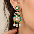 Gold Plated Emerald Green & Ruby Pink with White Stone Studded Kundan Style Floral Chandbali Dangler Earrings for Women & Girls Traditional Wedding & Party Wear Jewellery BIE1085