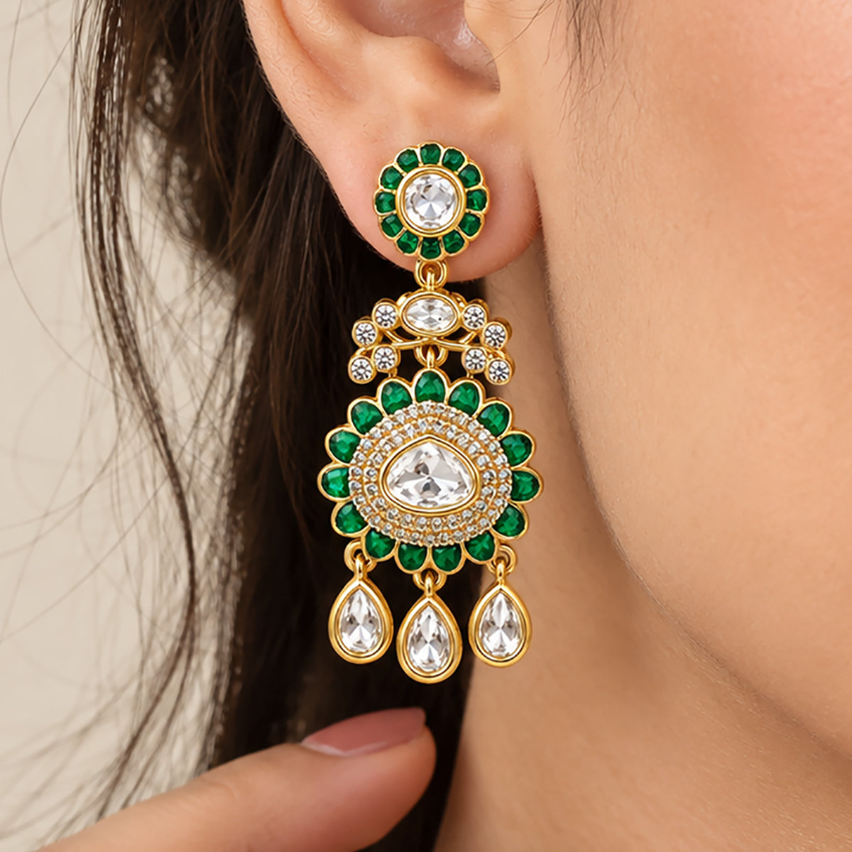 Gold Plated Emerald Green & Ruby Pink with White Stone Studded Kundan Style Floral Chandbali Dangler Earrings for Women & Girls Traditional Wedding & Party Wear Jewellery BIE1085