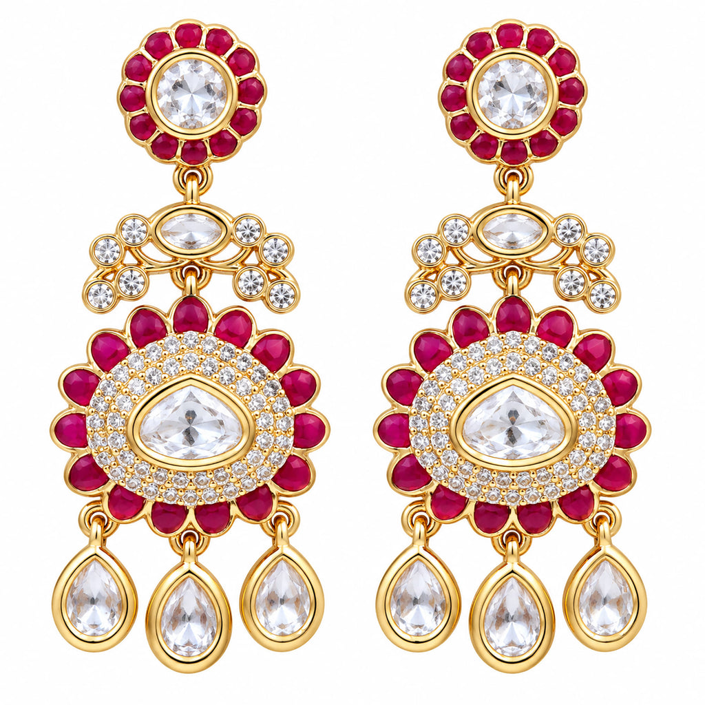 Gold Plated Emerald Green & Ruby Pink with White Stone Studded Kundan Style Floral Chandbali Dangler Earrings for Women & Girls Traditional Wedding & Party Wear Jewellery BIE1085