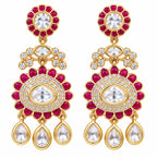 Gold Plated Emerald Green & Ruby Pink with White Stone Studded Kundan Style Floral Chandbali Dangler Earrings for Women & Girls Traditional Wedding & Party Wear Jewellery BIE1085