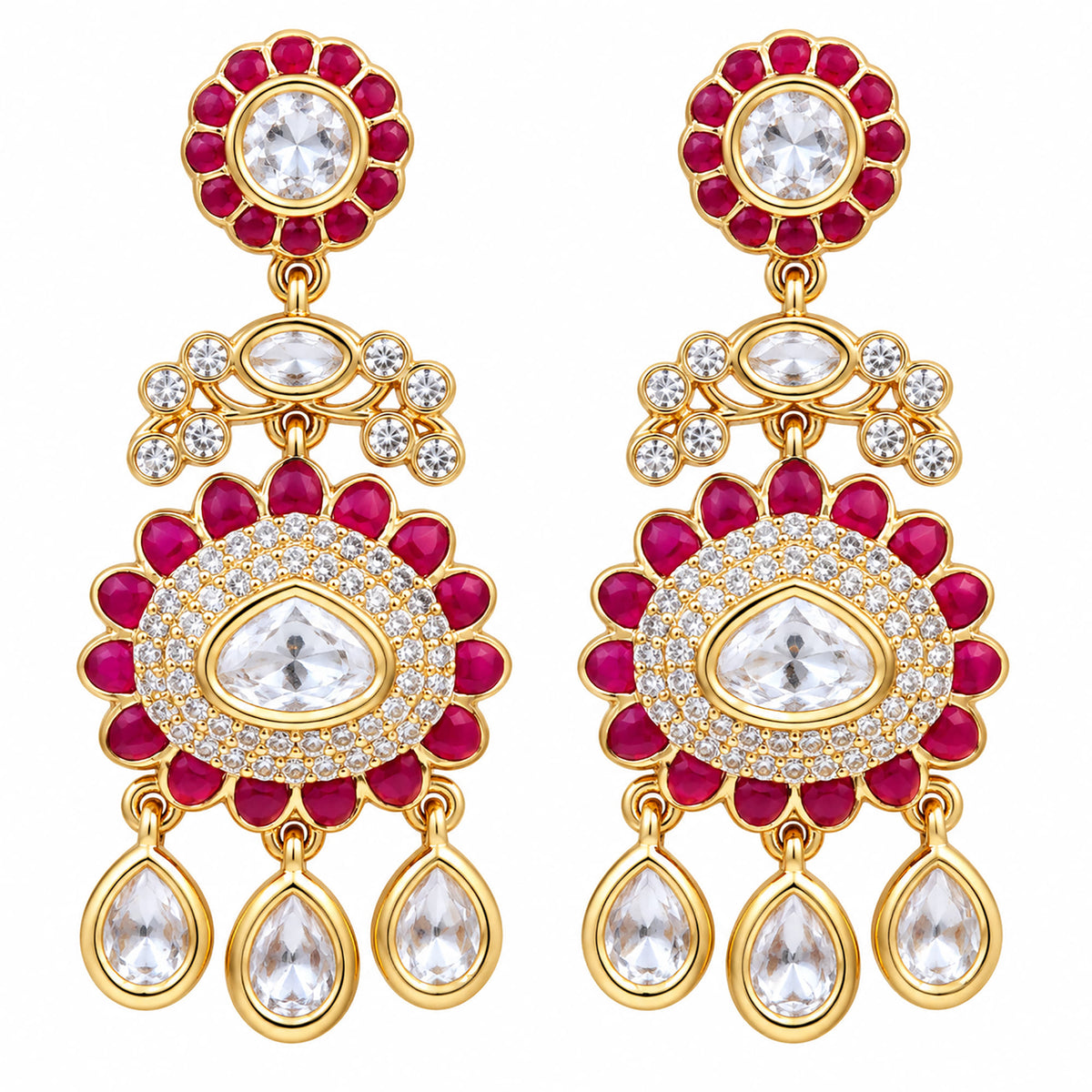 Gold Plated Emerald Green & Ruby Pink with White Stone Studded Kundan Style Floral Chandbali Dangler Earrings for Women & Girls Traditional Wedding & Party Wear Jewellery BIE1085