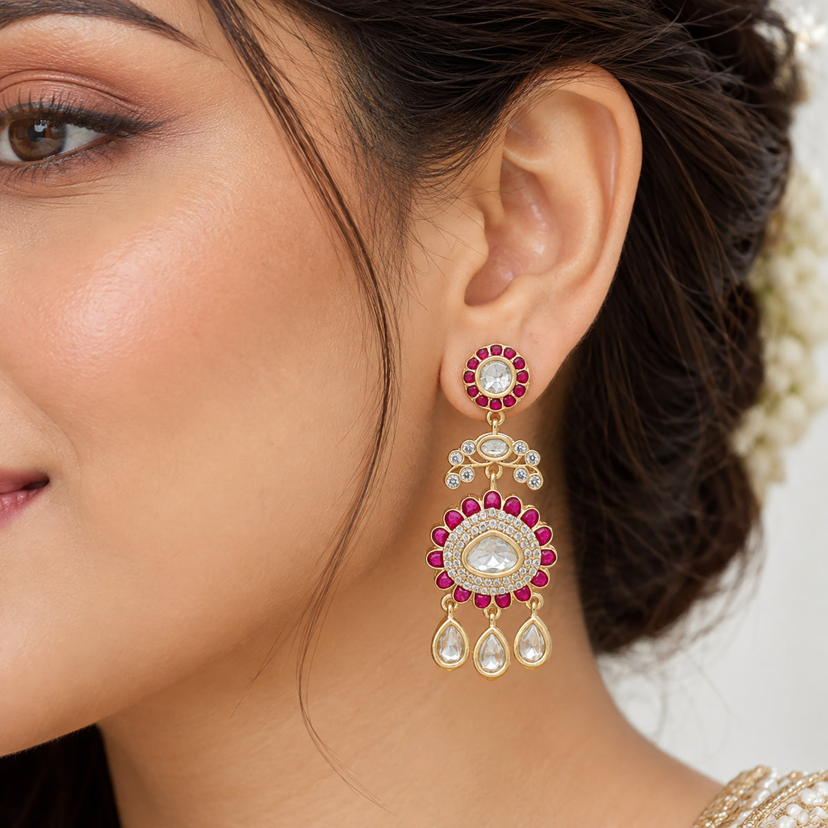 Gold Plated Emerald Green & Ruby Pink with White Stone Studded Kundan Style Floral Chandbali Dangler Earrings for Women & Girls Traditional Wedding & Party Wear Jewellery BIE1085