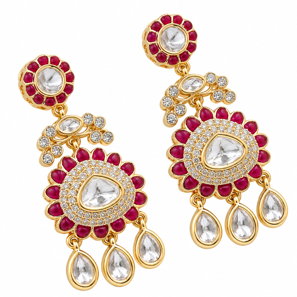 Gold Plated Emerald Green & Ruby Pink with White Stone Studded Kundan Style Floral Chandbali Dangler Earrings for Women & Girls Traditional Wedding & Party Wear Jewellery BIE1085