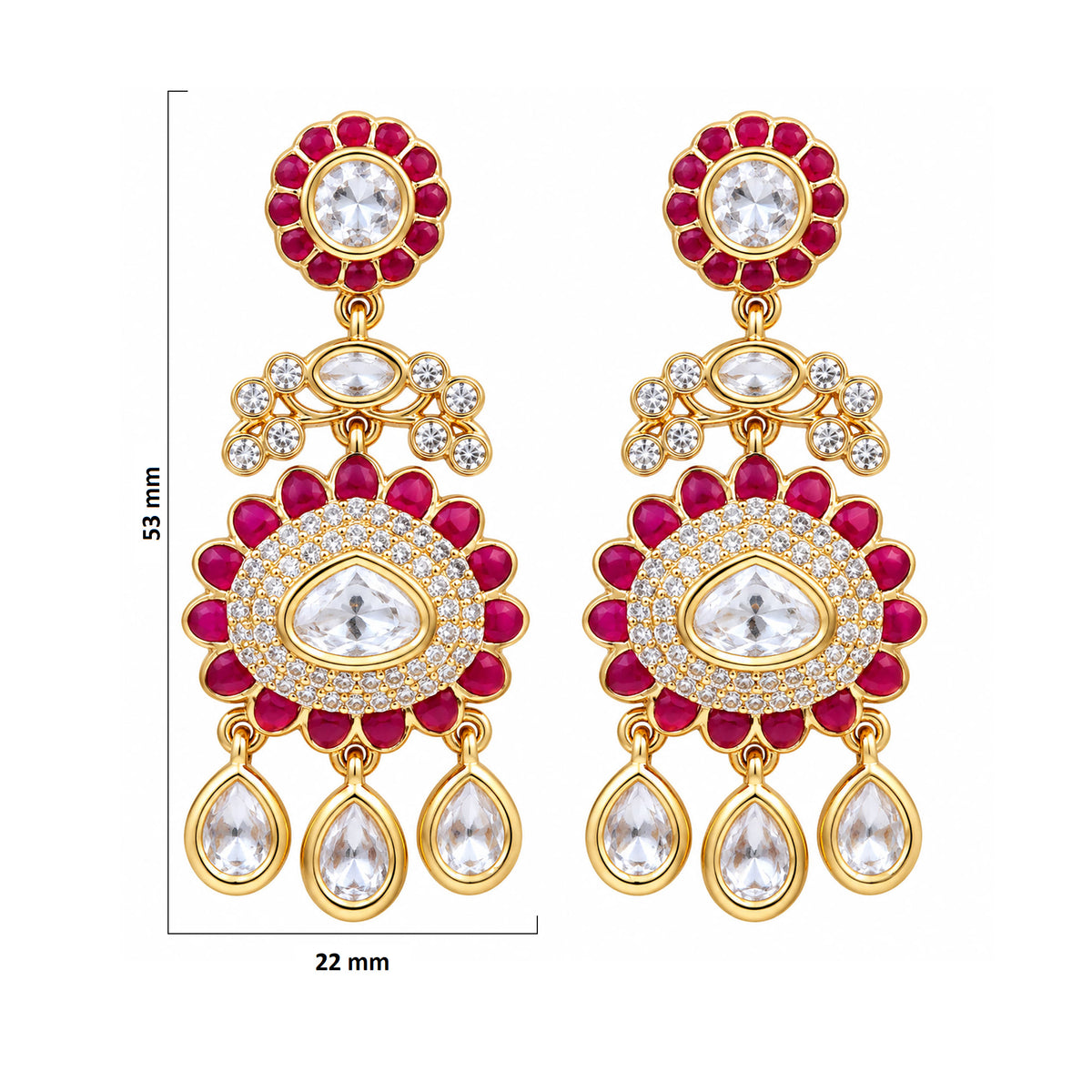 Gold Plated Emerald Green & Ruby Pink with White Stone Studded Kundan Style Floral Chandbali Dangler Earrings for Women & Girls Traditional Wedding & Party Wear Jewellery BIE1085