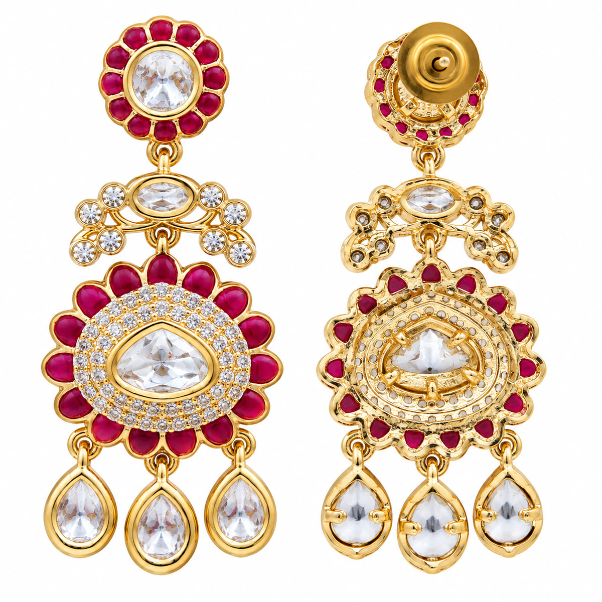 Gold Plated Emerald Green & Ruby Pink with White Stone Studded Kundan Style Floral Chandbali Dangler Earrings for Women & Girls Traditional Wedding & Party Wear Jewellery BIE1085