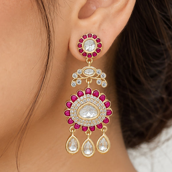 Gold Plated Emerald Green & Ruby Pink with White Stone Studded Kundan Style Floral Chandbali Dangler Earrings for Women & Girls Traditional Wedding & Party Wear Jewellery BIE1085