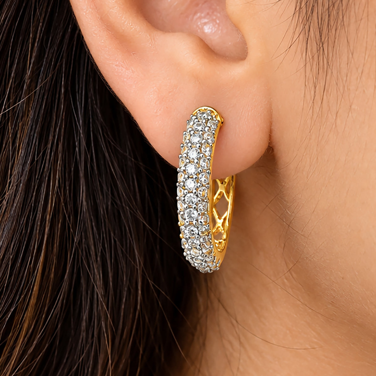 Gold Plated White AD Stone Studded Hoop Huggie Earrings for Women & Girls Elegant American Diamond Bali Earrings Wedding, Party & Daily Wear Jewellery BIE1086