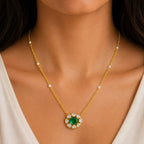 18K Gold Plated Green Onyx & Chrysoprase Floral Pendant Pearl Chain Necklace BIN1021