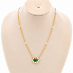 18K Gold Plated Green Onyx & Chrysoprase Floral Pendant Pearl Chain Necklace BIN1021