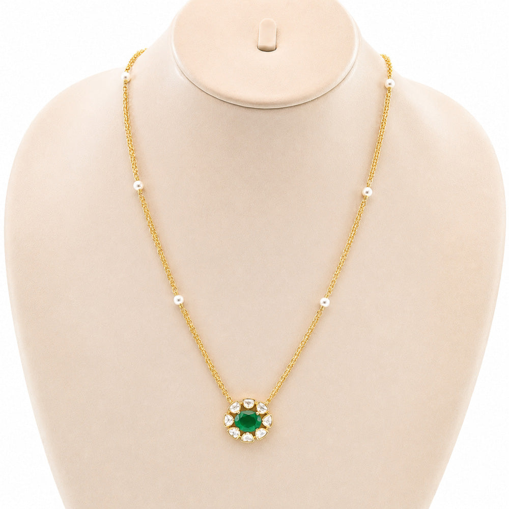 18K Gold Plated Green Onyx & Chrysoprase Floral Pendant Pearl Chain Necklace BIN1021