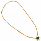 18K Gold Plated Green Onyx & Chrysoprase Floral Pendant Pearl Chain Necklace BIN1021