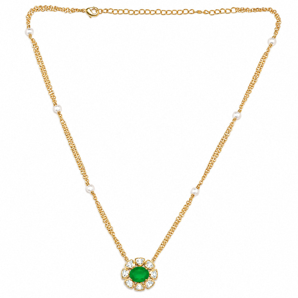 18K Gold Plated Green Onyx & Chrysoprase Floral Pendant Pearl Chain Necklace BIN1021