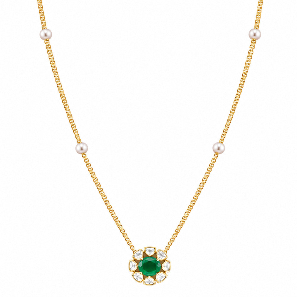 18K Gold Plated Green Onyx & Chrysoprase Floral Pendant Pearl Chain Necklace BIN1021