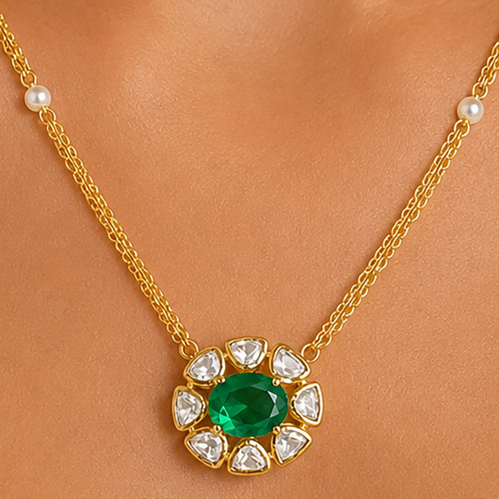 18K Gold Plated Green Onyx & Chrysoprase Floral Pendant Pearl Chain Necklace BIN1021
