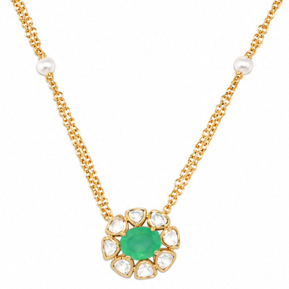18K Gold Plated Green Onyx & Chrysoprase Floral Pendant Pearl Chain Necklace BIN1021