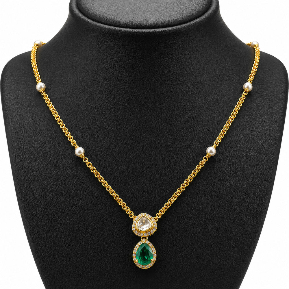 18K Gold Plated Emerald Green & White Teardrop Pendant Necklace Women BIN1022