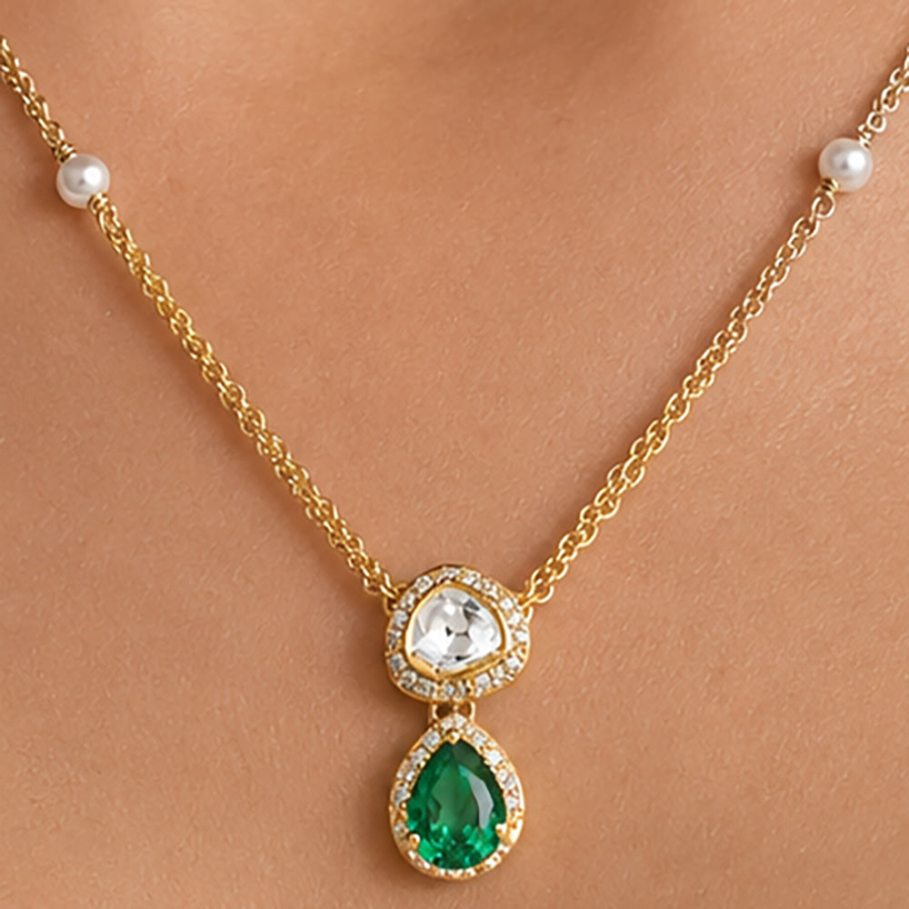18K Gold Plated Emerald Green & White Teardrop Pendant Necklace Women BIN1022