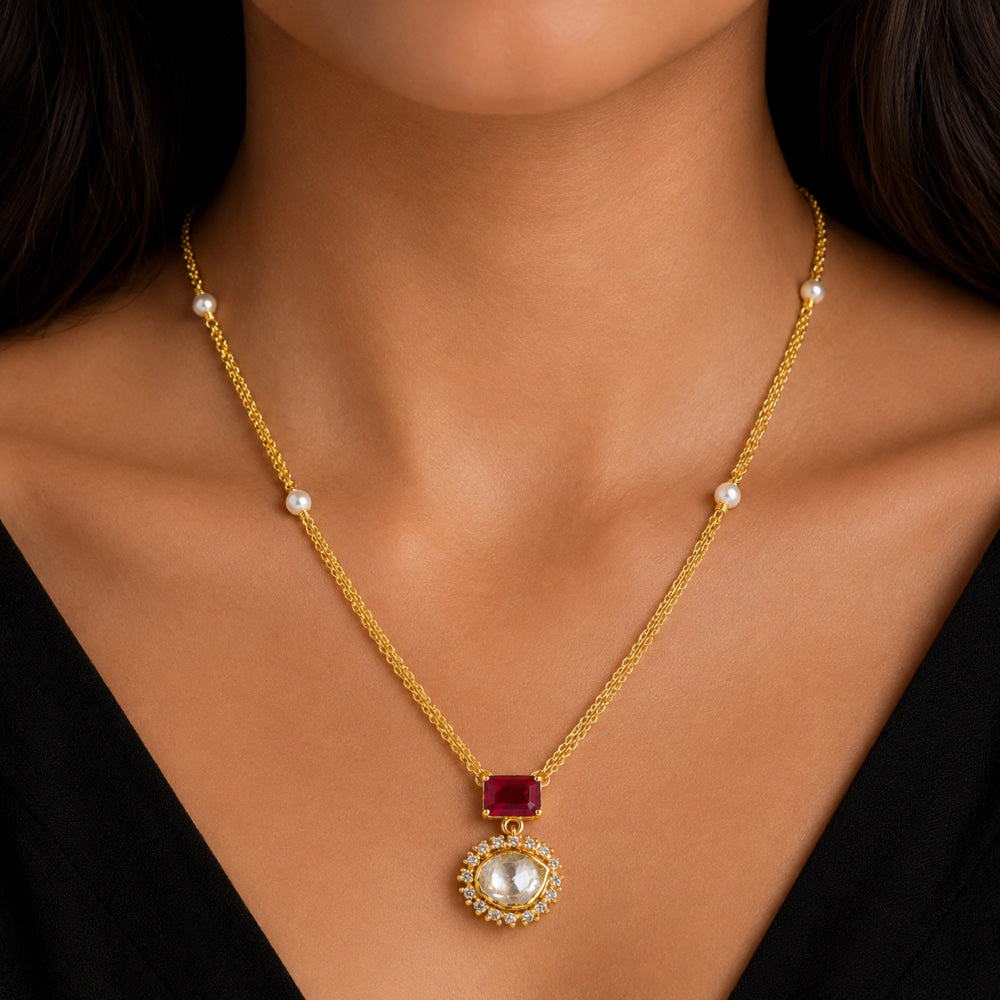 18K Gold Plated Ruby Red & Green Crystal Pendant Necklace for Women BIN1023