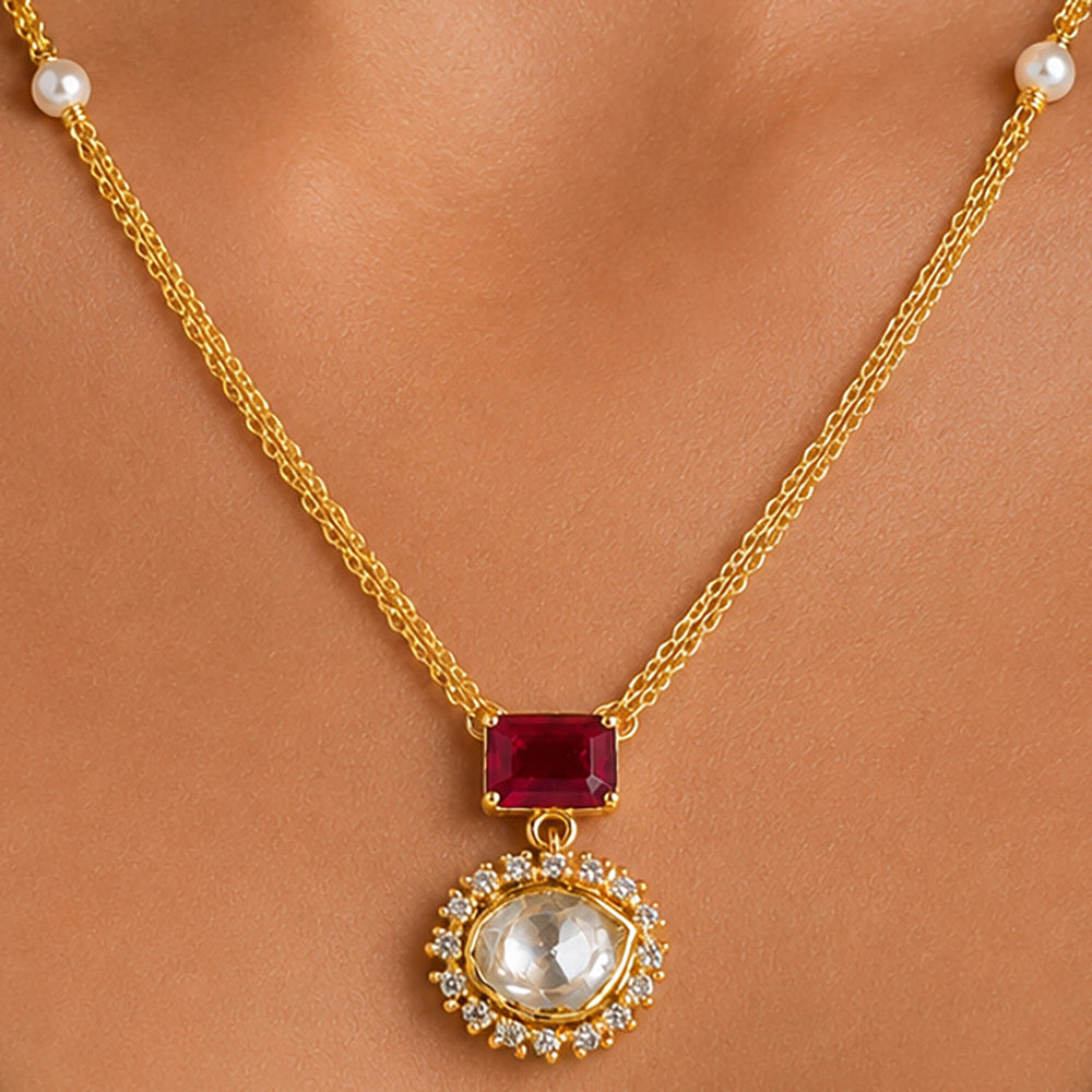 18K Gold Plated Ruby Red & Green Crystal Pendant Necklace for Women BIN1023