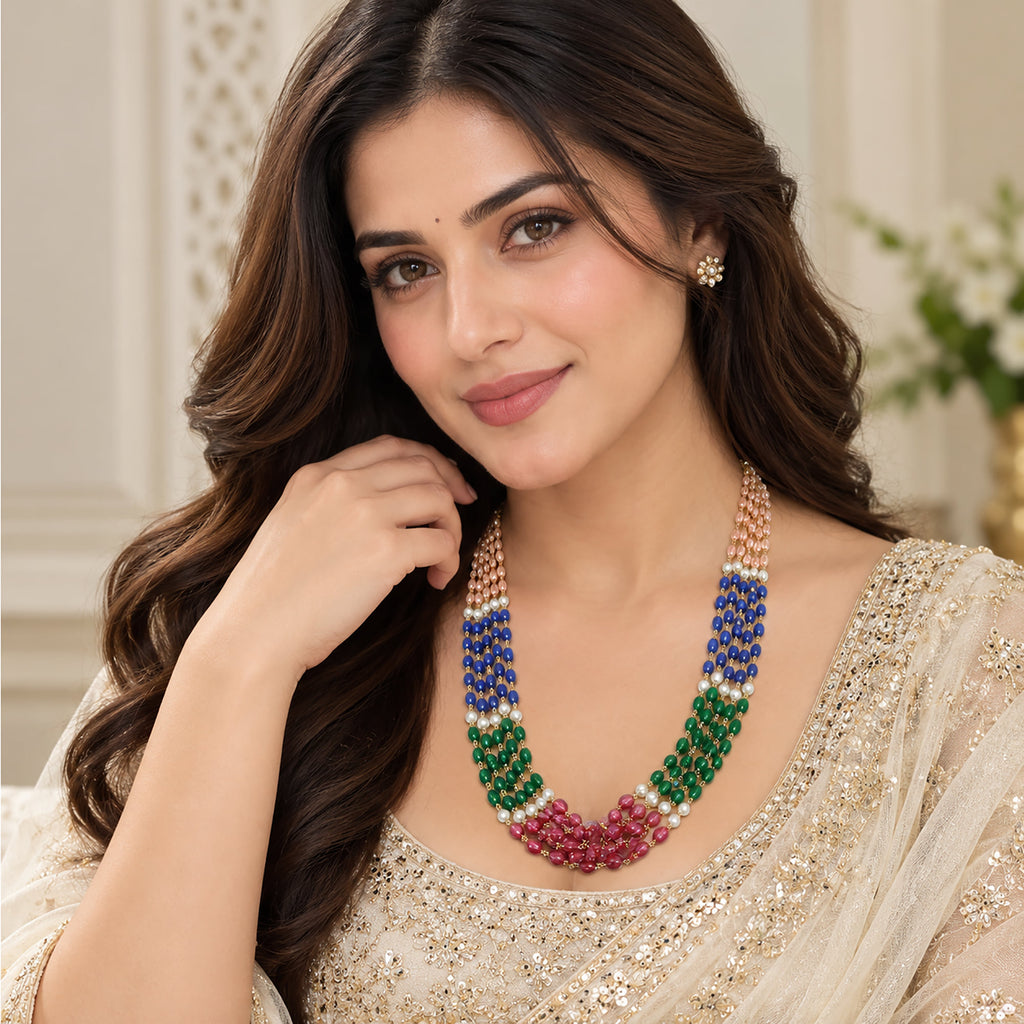 Multi Stone Beads Women Necklace Multicolour Multi-Strand, Beaded Design BIN1024