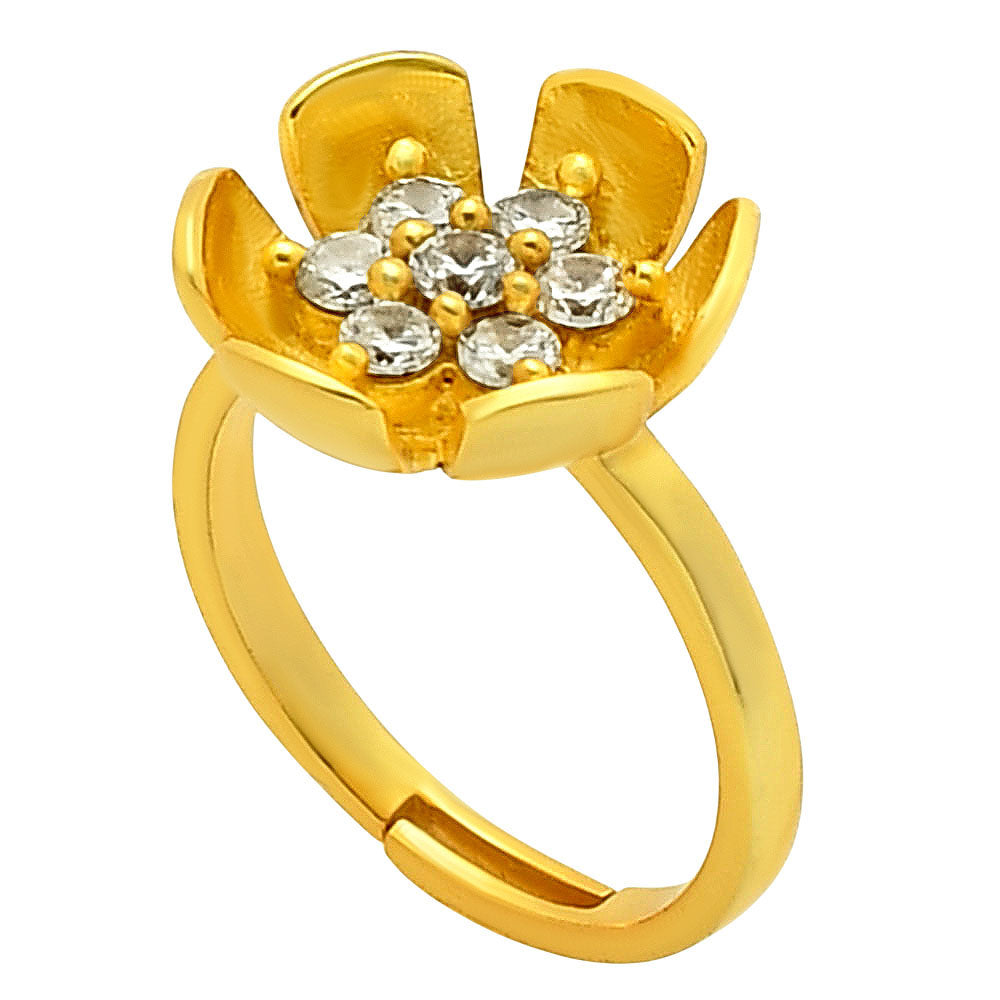 Adjustable Elegant 18K Gold Plated Floral Crystal Designer Ring for Women & Girls BIR1001