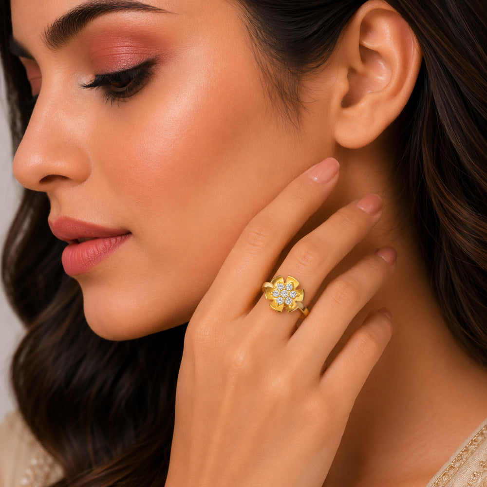 Adjustable Elegant 18K Gold Plated Floral Crystal Designer Ring for Women & Girls BIR1001