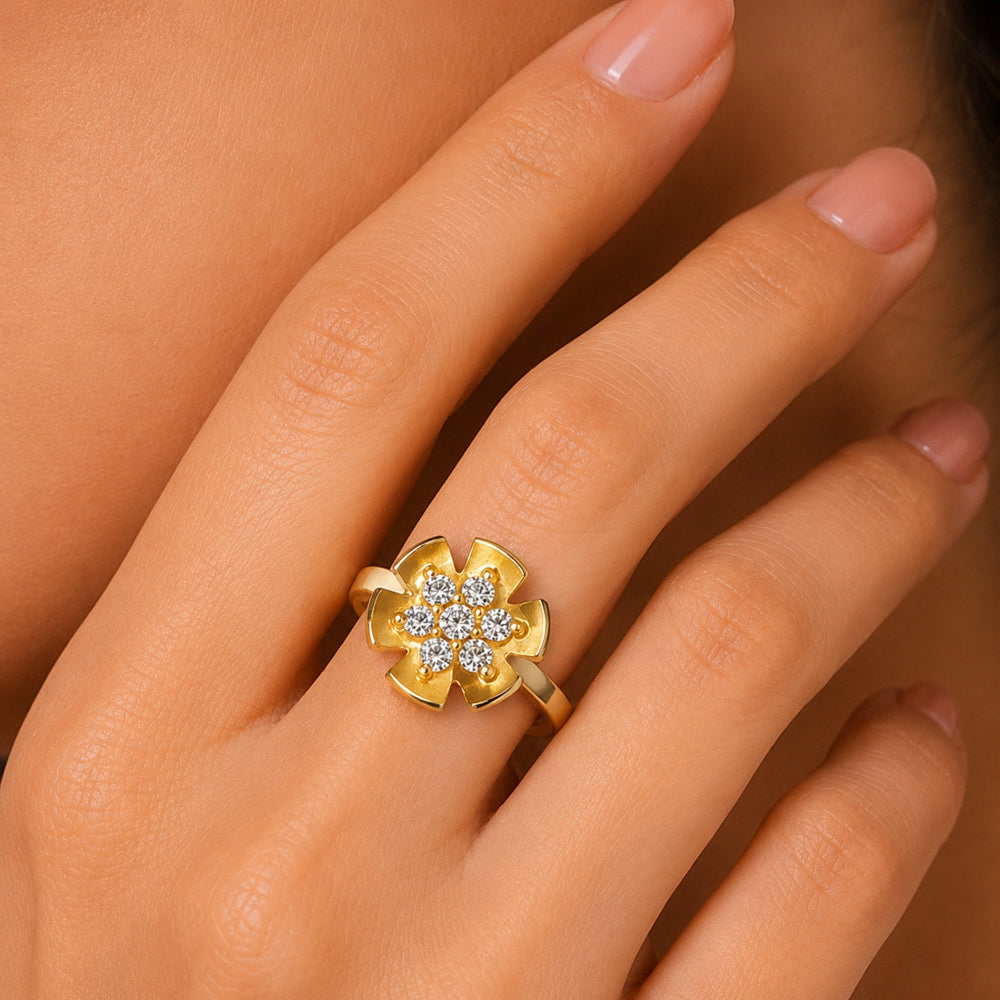 Adjustable Elegant 18K Gold Plated Floral Crystal Designer Ring for Women & Girls BIR1001