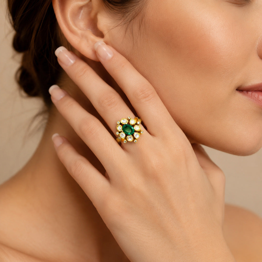 Adjustable 18K Gold Plated Green Gemstone Fashion Ring with Sparkling CZ Accents Size 5-10 BIR1002