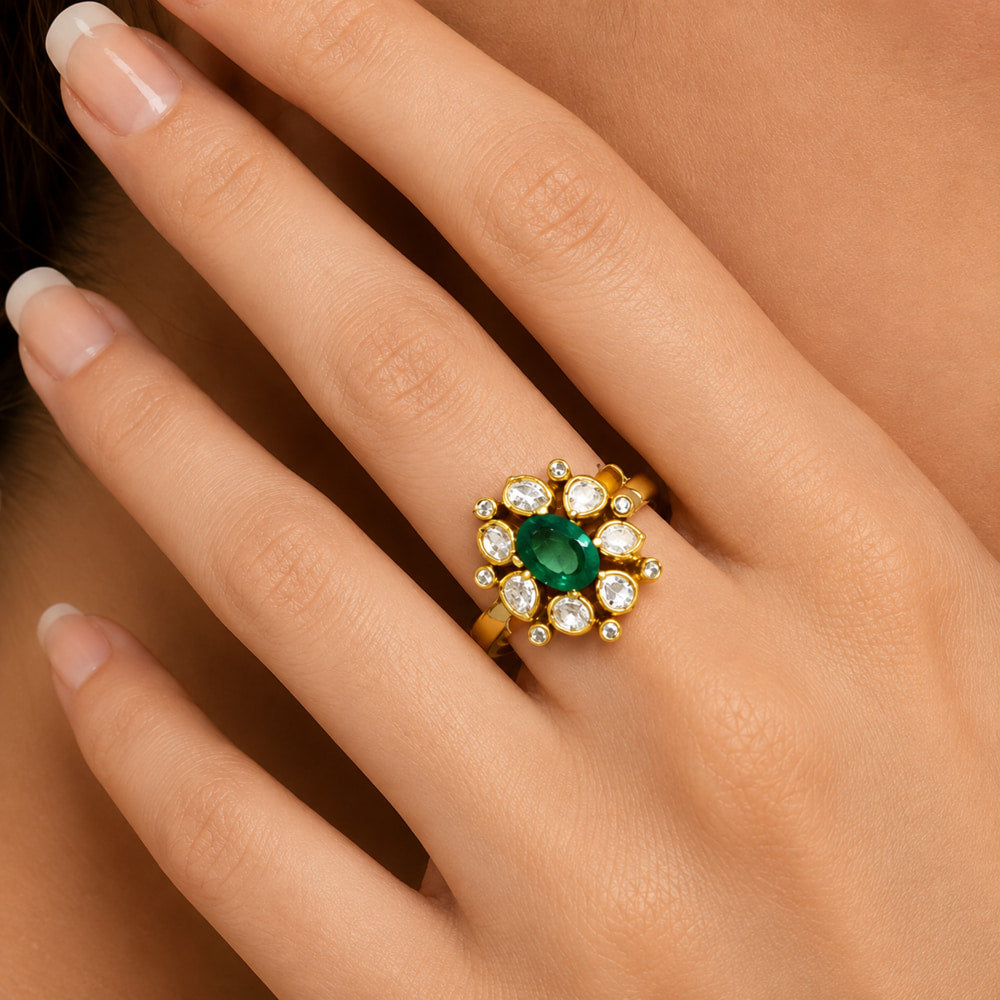 Adjustable 18K Gold Plated Green Gemstone Fashion Ring with Sparkling CZ Accents Size 5-10 BIR1002