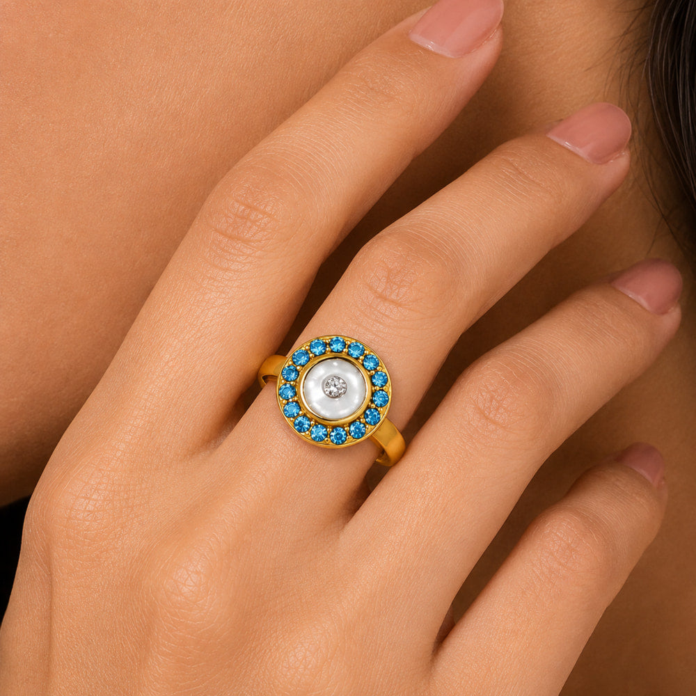 Adjustable 18K Gold Plated Colorful Gemstone Halo Ring for Women Size 5-10 BIR1004