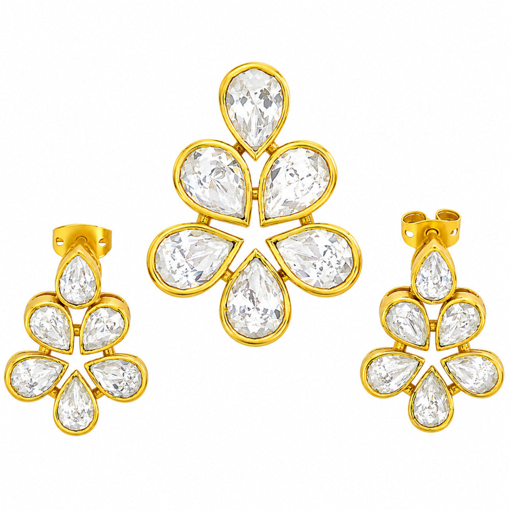 18K Gold Plated CZ Floral Pendant Necklace & Stud Earrings Set For Women BIT1001