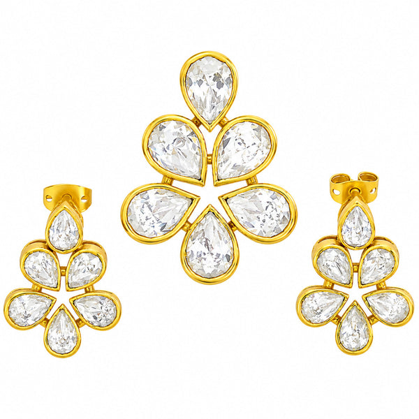 18K Gold Plated CZ Floral Pendant Necklace & Stud Earrings Set For Women BIT1001
